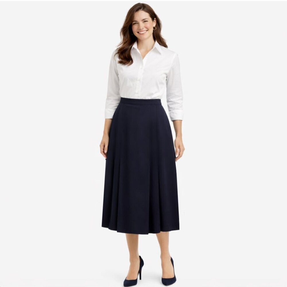 Heritage House Navy Wool Pleated Midi Skirt 10 Classic A-Line Preppy Workwear